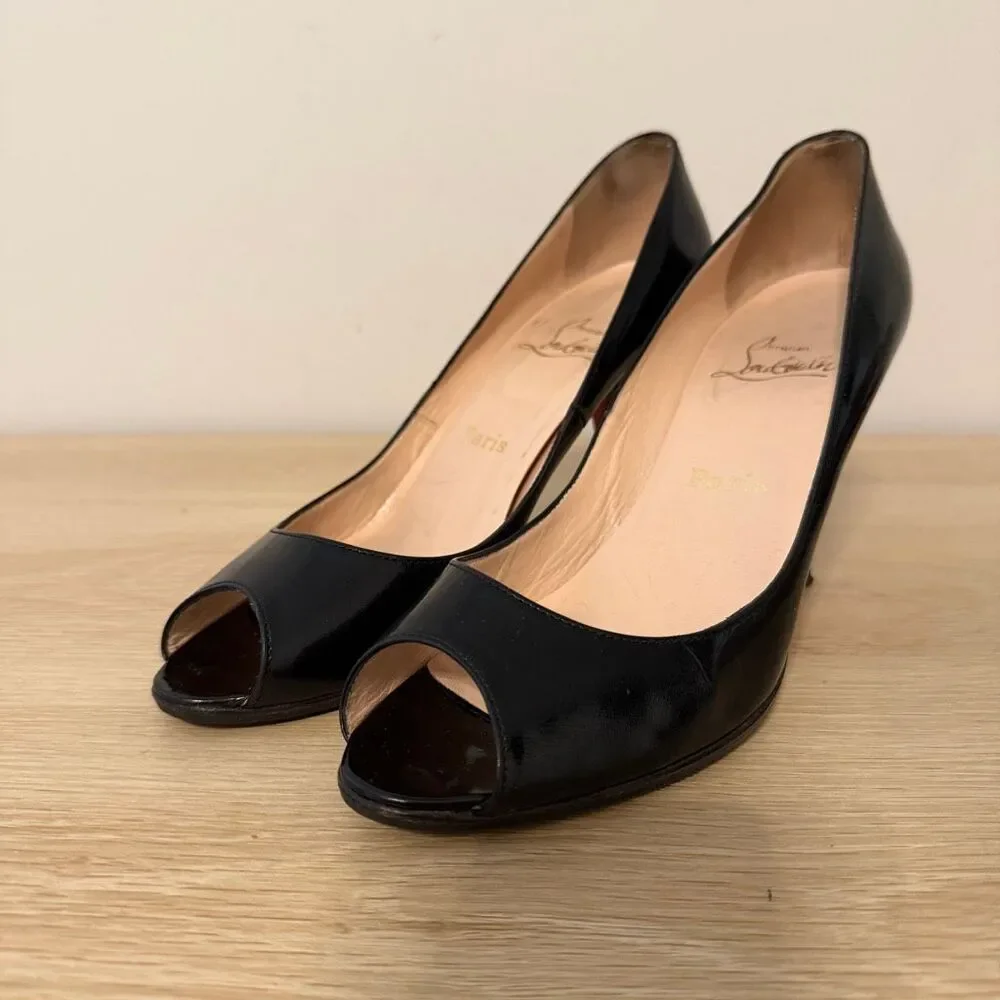 Christian Louboutin Black Patent Leather Peep Toe Stiletto Heels Size 39